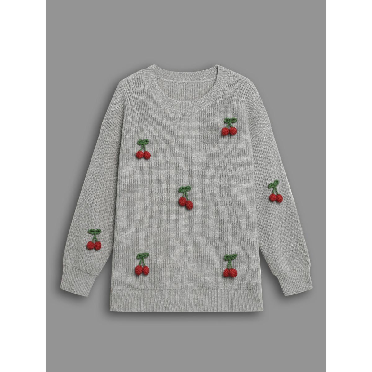 Plus Size Supersoft Essentials Stereo Cherry Design Pullover Mediumgray Women Casual Loose Long Sleeve Round Neck Everyday Pullovers BloomChic 28/5X Product Image