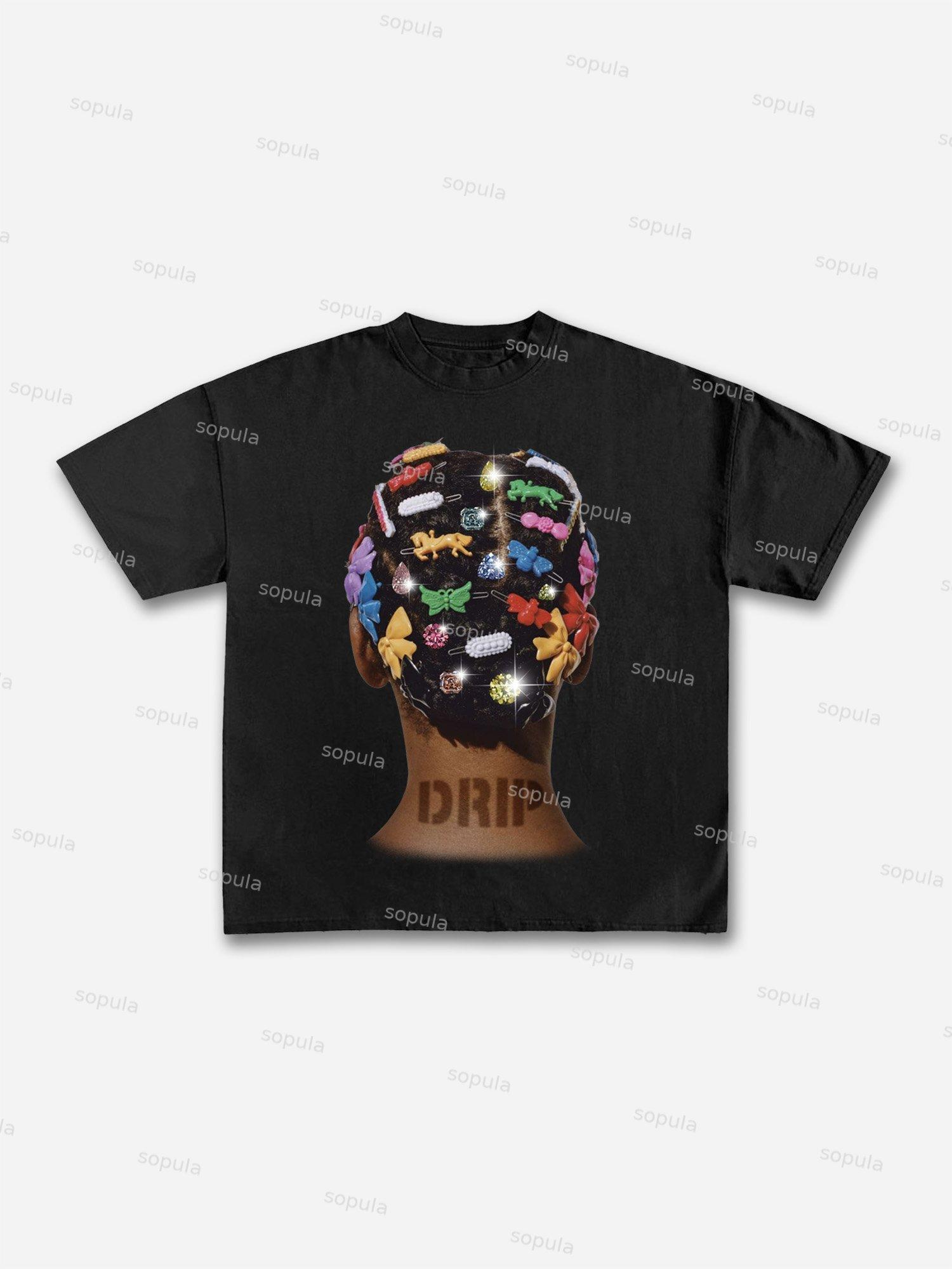 'drip' Colorful Hair Cards Diamond Headdress Graphic Cotton T-shirt Product Image