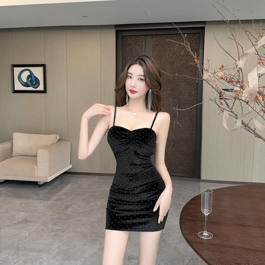 Spaghetti Strap Plain Ruched Velvet Mini Sheath Dress Product Image