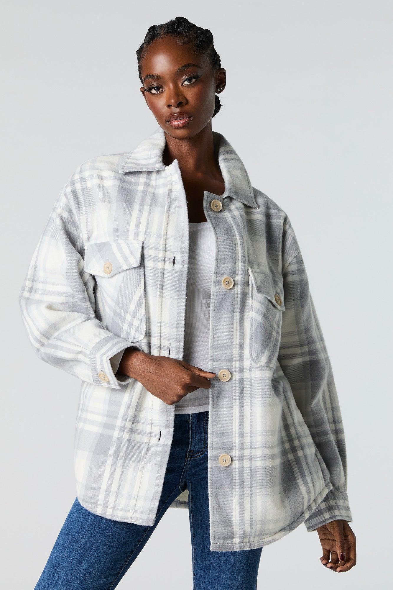 Sherpa Lined Plaid Flannel Shacket Female Product Image