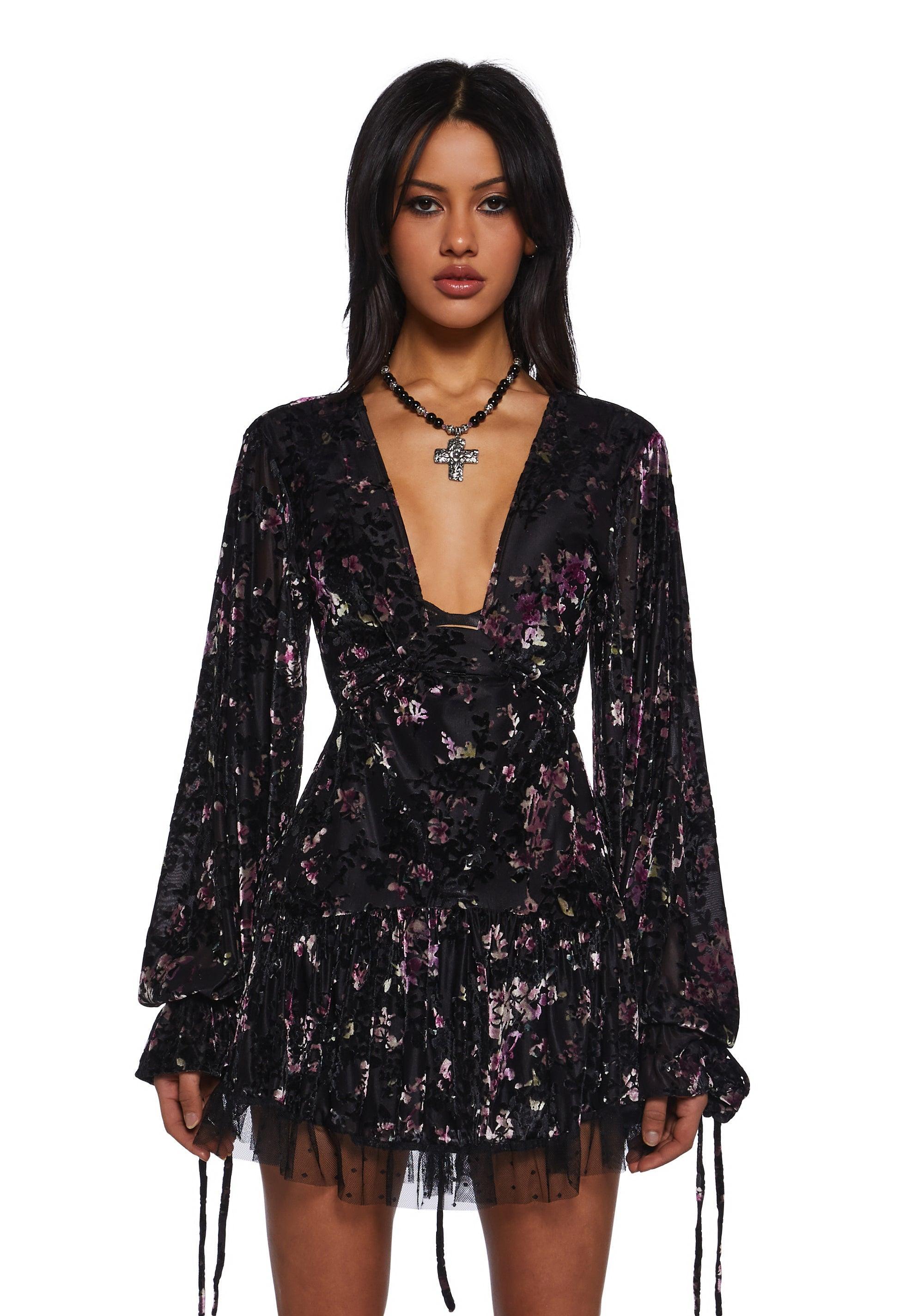 Current Mood Floral Flocked Velvet Mini Long Sleeves Dress - Multi Product Image