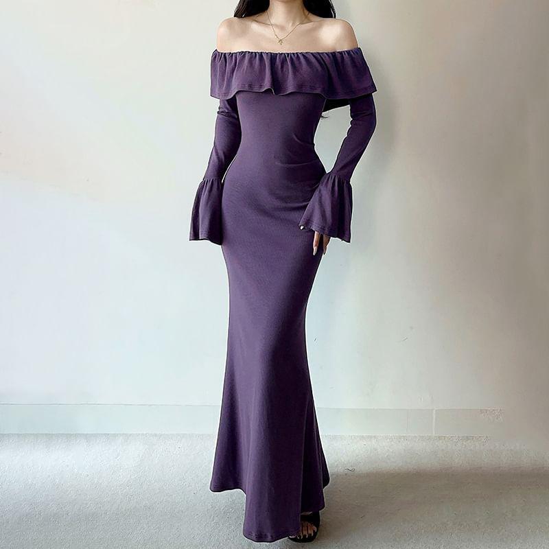 Long-Sleeve Off-Shoulder Plain Ruffle Trim Maxi Sheath Dress Product Image