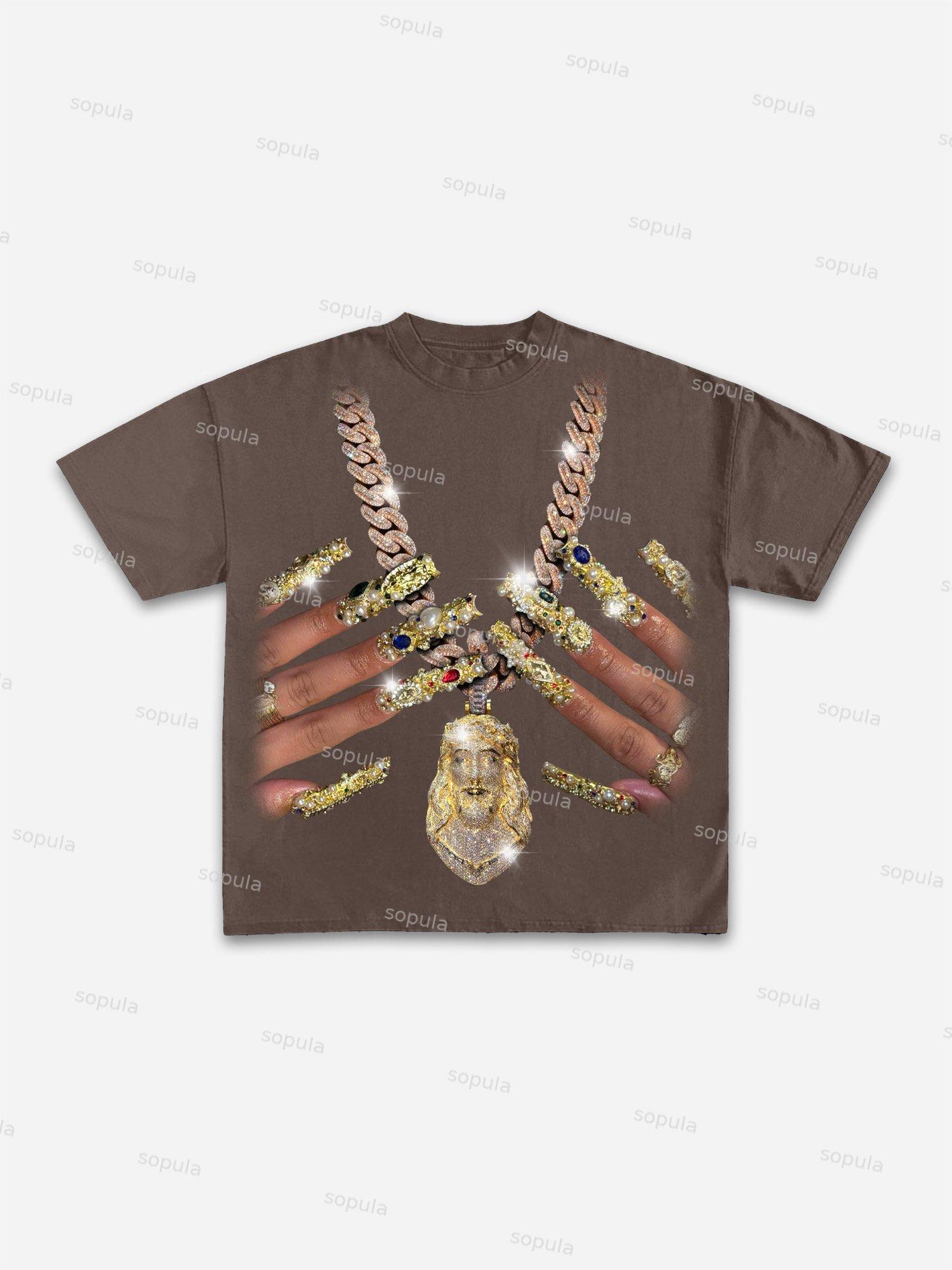 Vintage God Jesus Jewelry Nail Art Graphic Cotton T-shirt Product Image