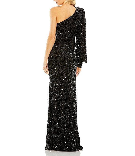 Mac Duggal Sequin Asymmetrical One Long Bishop Sleeve Sheath Gown Product Image