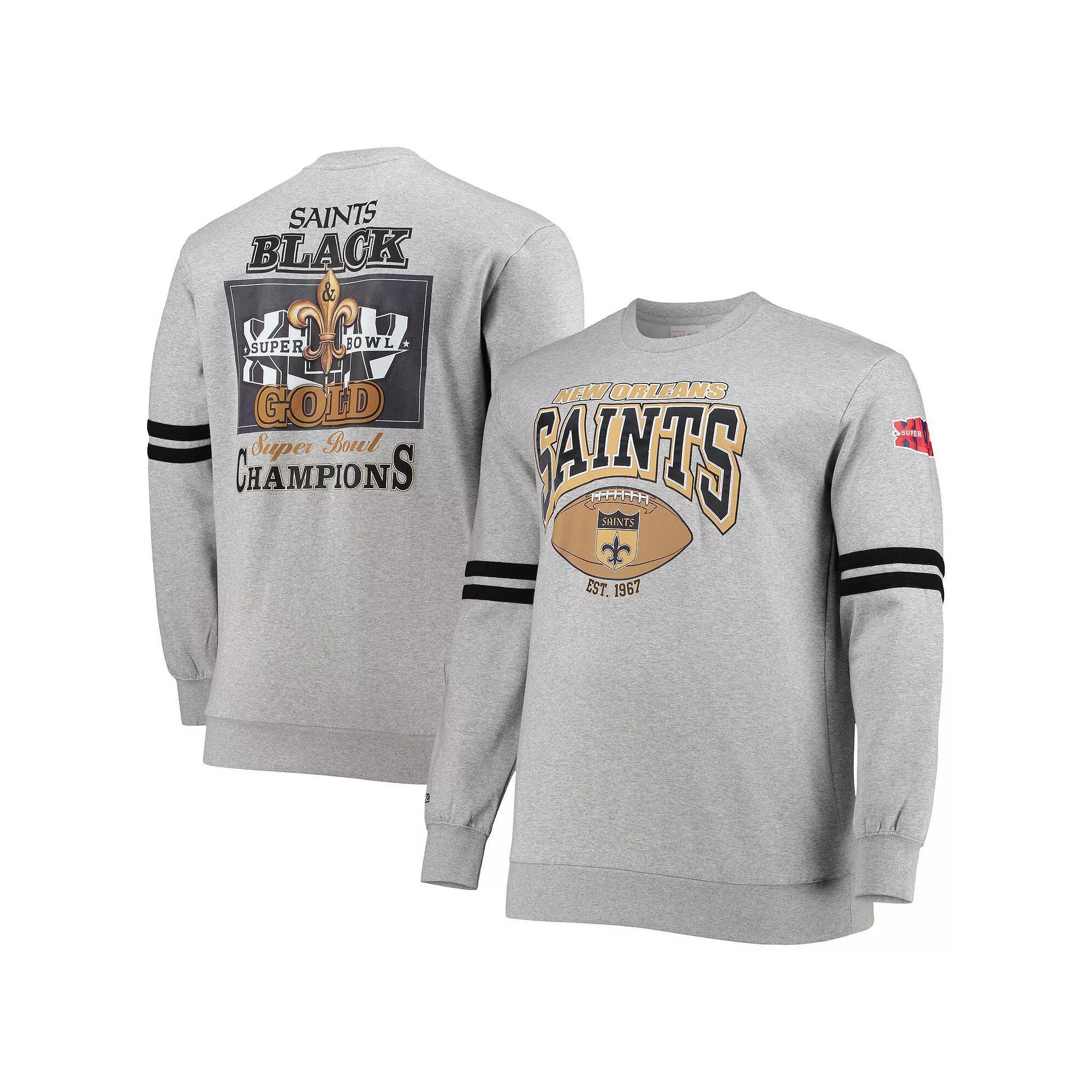 Men's Mitchell & Ness Heathered Gray New Orleans Saints Big & Tall Allover Print Pullover Sweatshirt, Size: 2XLT, Grey Product Image