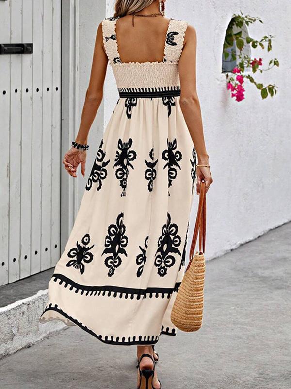 A-Line Loose Elasticity Pleated Printed Split-Joint Square-Neck Maxi Dresses Product Image