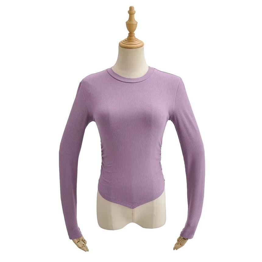 Long-Sleeve Crewneck Asymmetrical Plain Crop Top Product Image