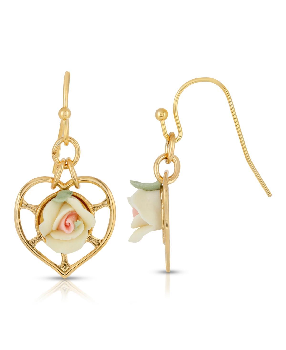 1928 14k Gold-Dipped Heart With Porcelain Rose Earrings, Womens, Pink Product Image