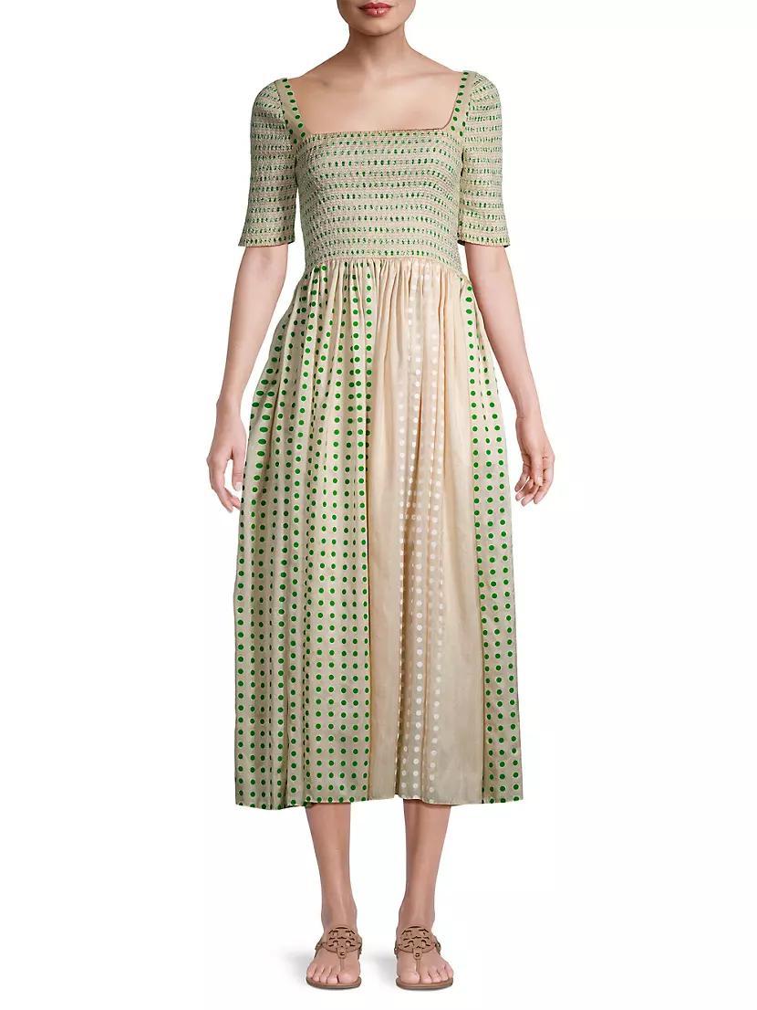 Silk Dotted Smocked Midi-Dress Product Image