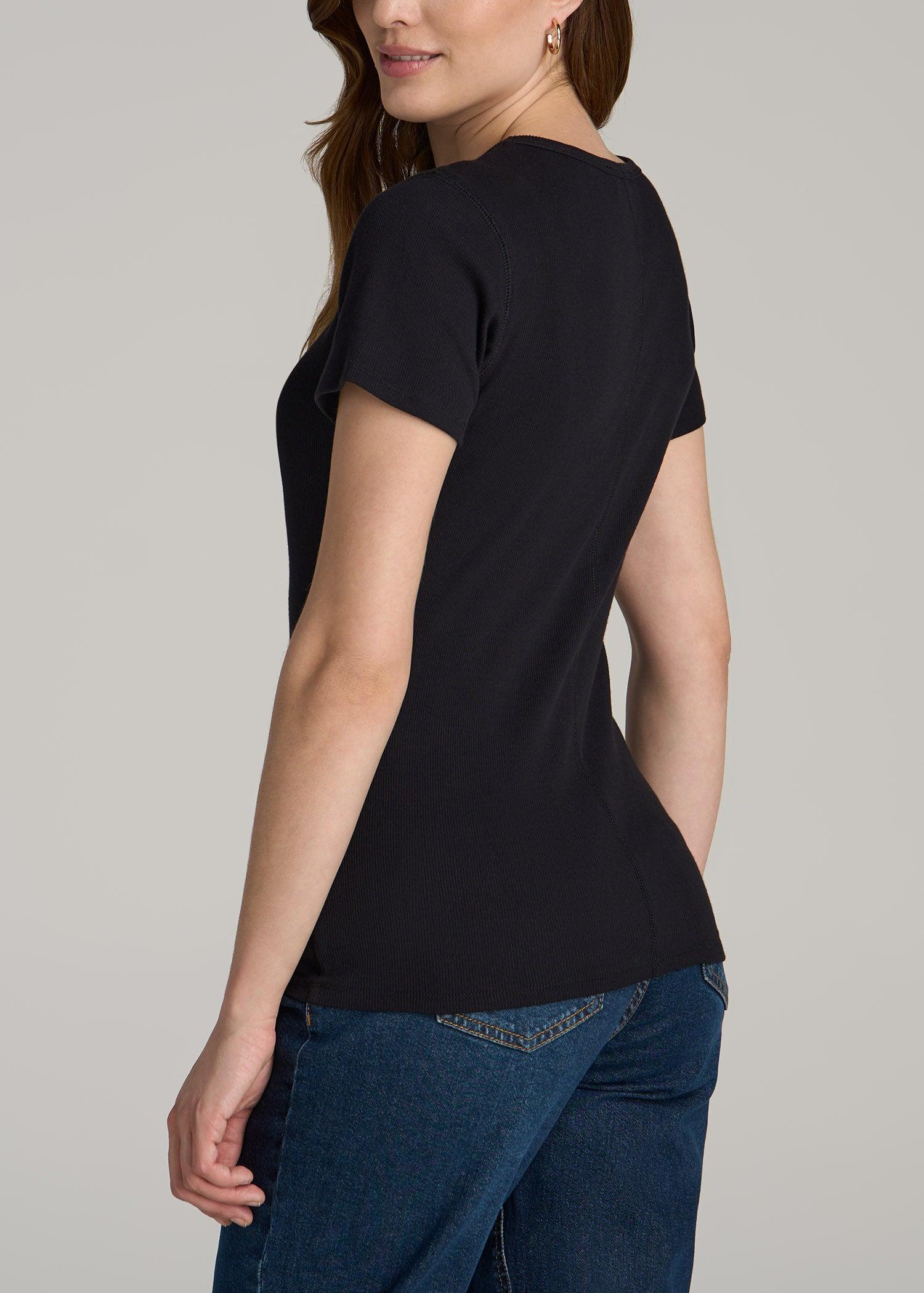 Short Sleeve Crew Neck Ribbed T-Shirt for Tall Women in Black Product Image