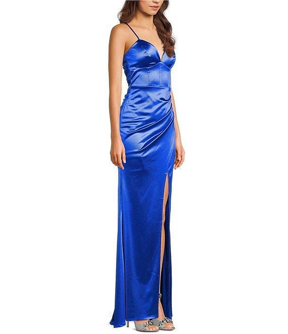 Honey and Rosie Sateen V-Neck Pleated Mermaid Gown Product Image