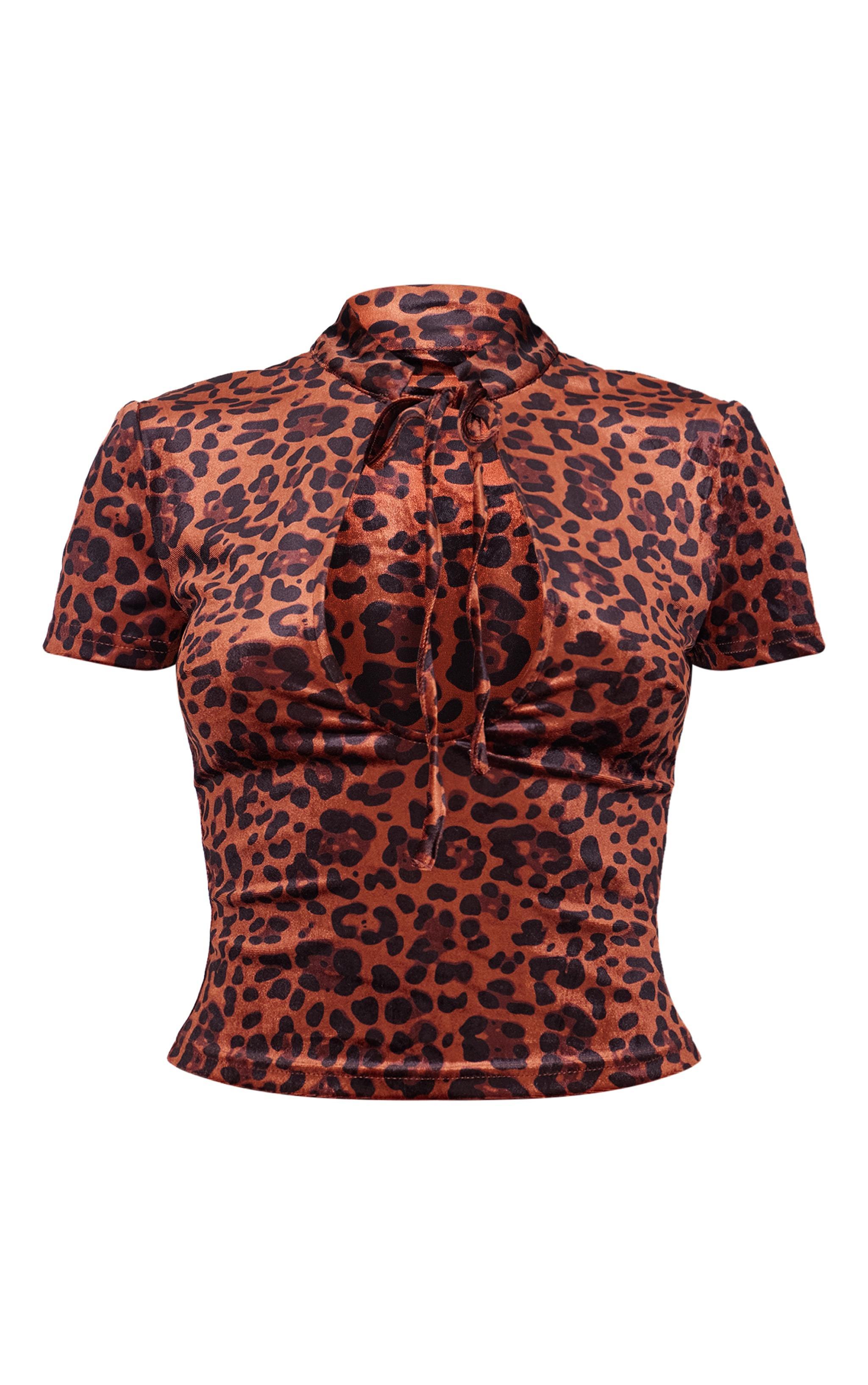 Brown Velvet Leopard Printed Tie Detail High Neck Top Product Image