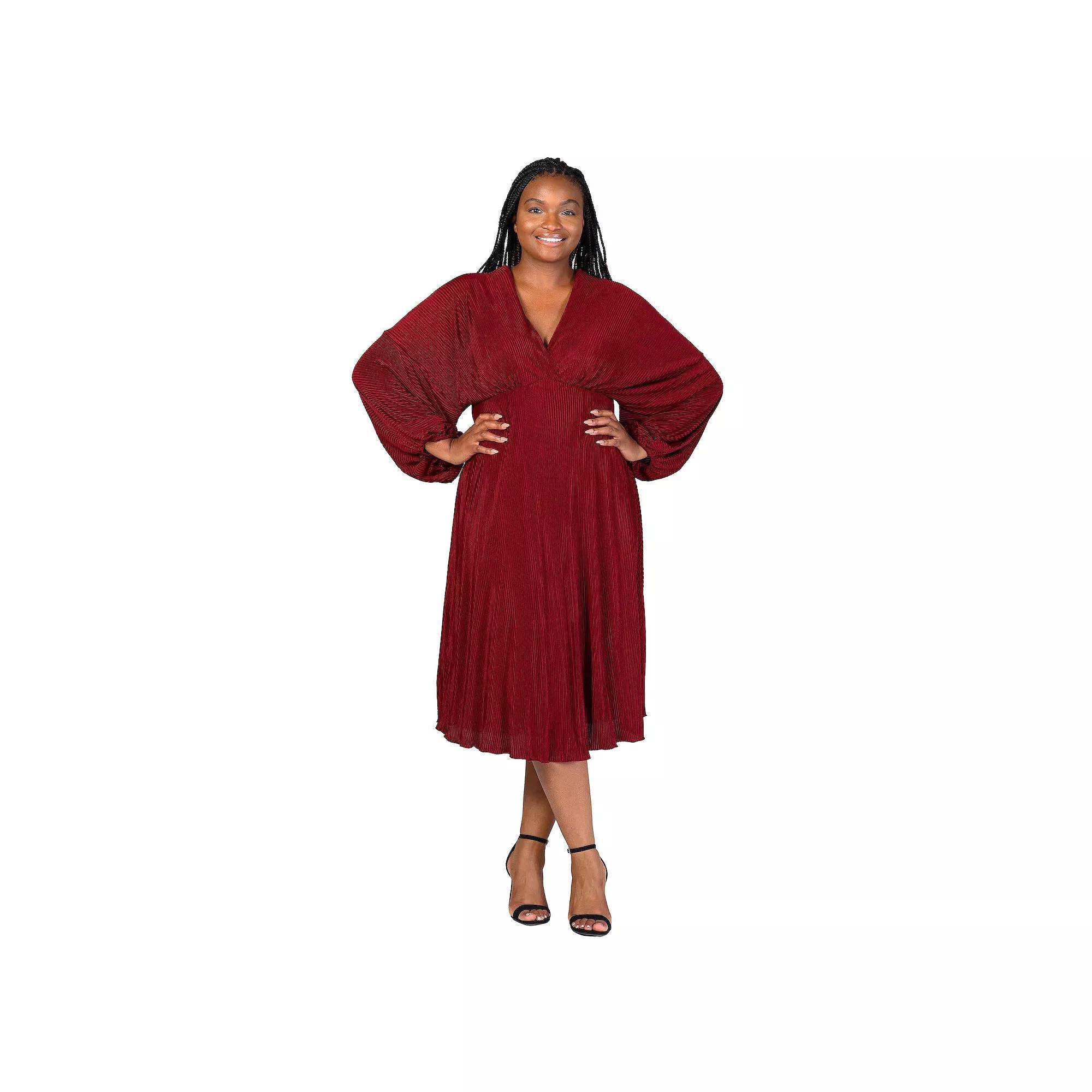 Plus Size 24Seven Comfort Apparel Shimmer Pleated V Neck Empire Waist Bishop Sleeve Midi Dress, Women's, Size: 3XL, Black Product Image