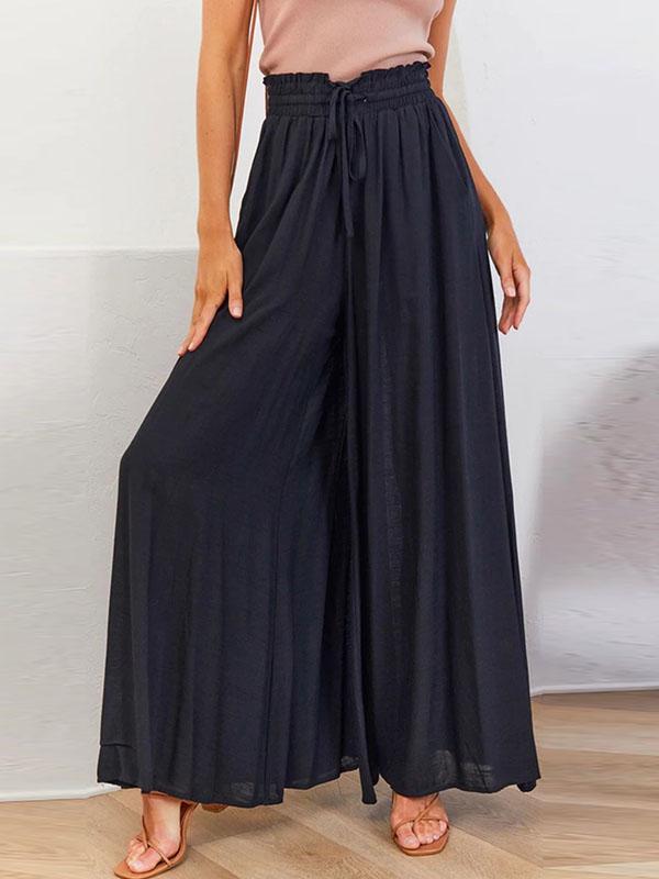 High Waisted Loose Drawstring Elasticity Pockets Solid Color Pants Trousers Product Image