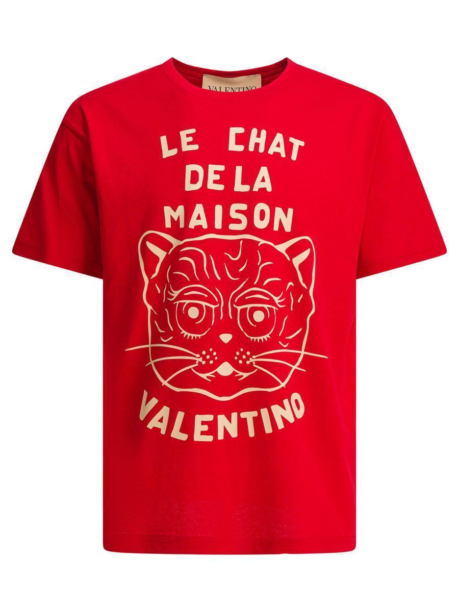 VALENTINO Graphic Print House Cat Crew Neck T-shirt In Red Product Image