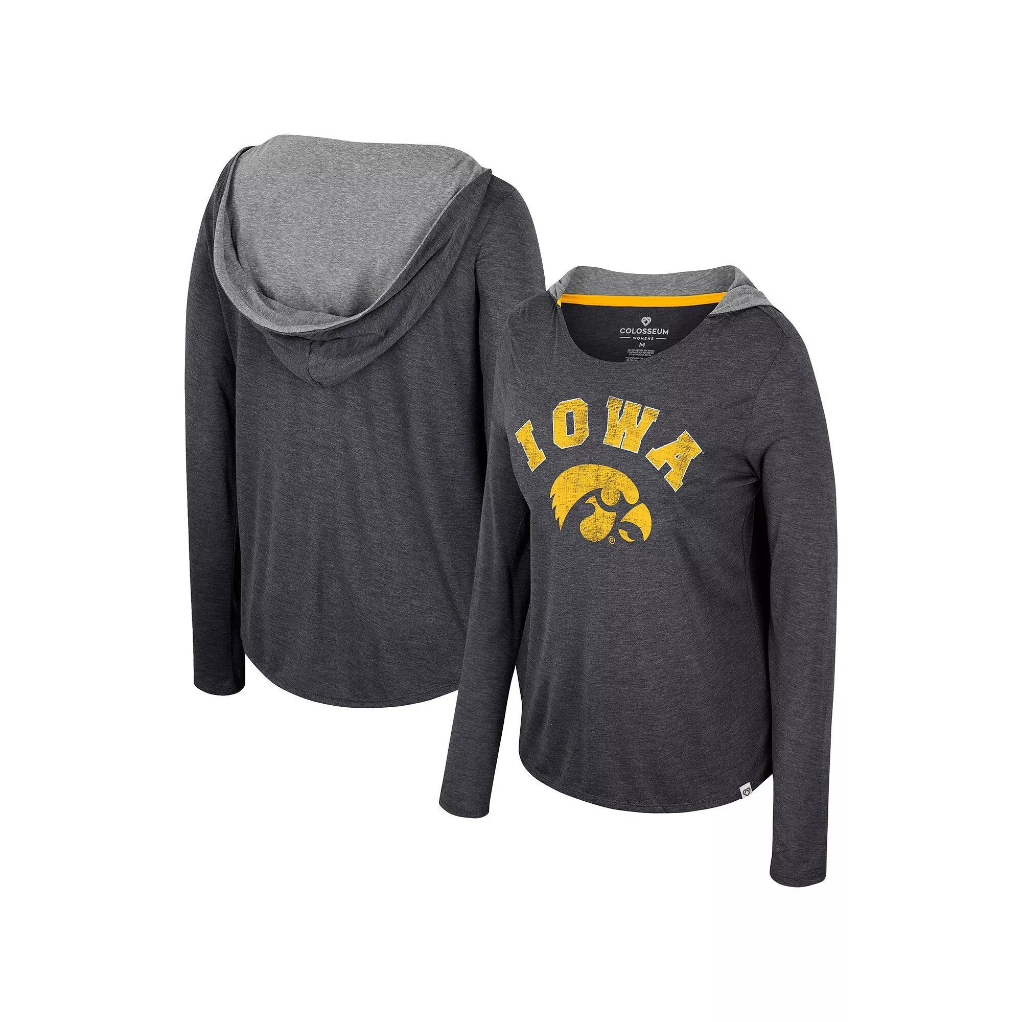 Women's Colosseum  Black Iowa Hawkeyes Distressed Heather Long Sleeve Hoodie T-Shirt, Size: Small Product Image