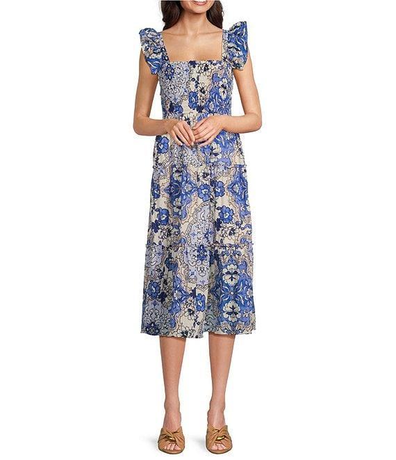 Vince Camuto Placement Print Square Neck Sleeveless Tiered Midi Dress Product Image
