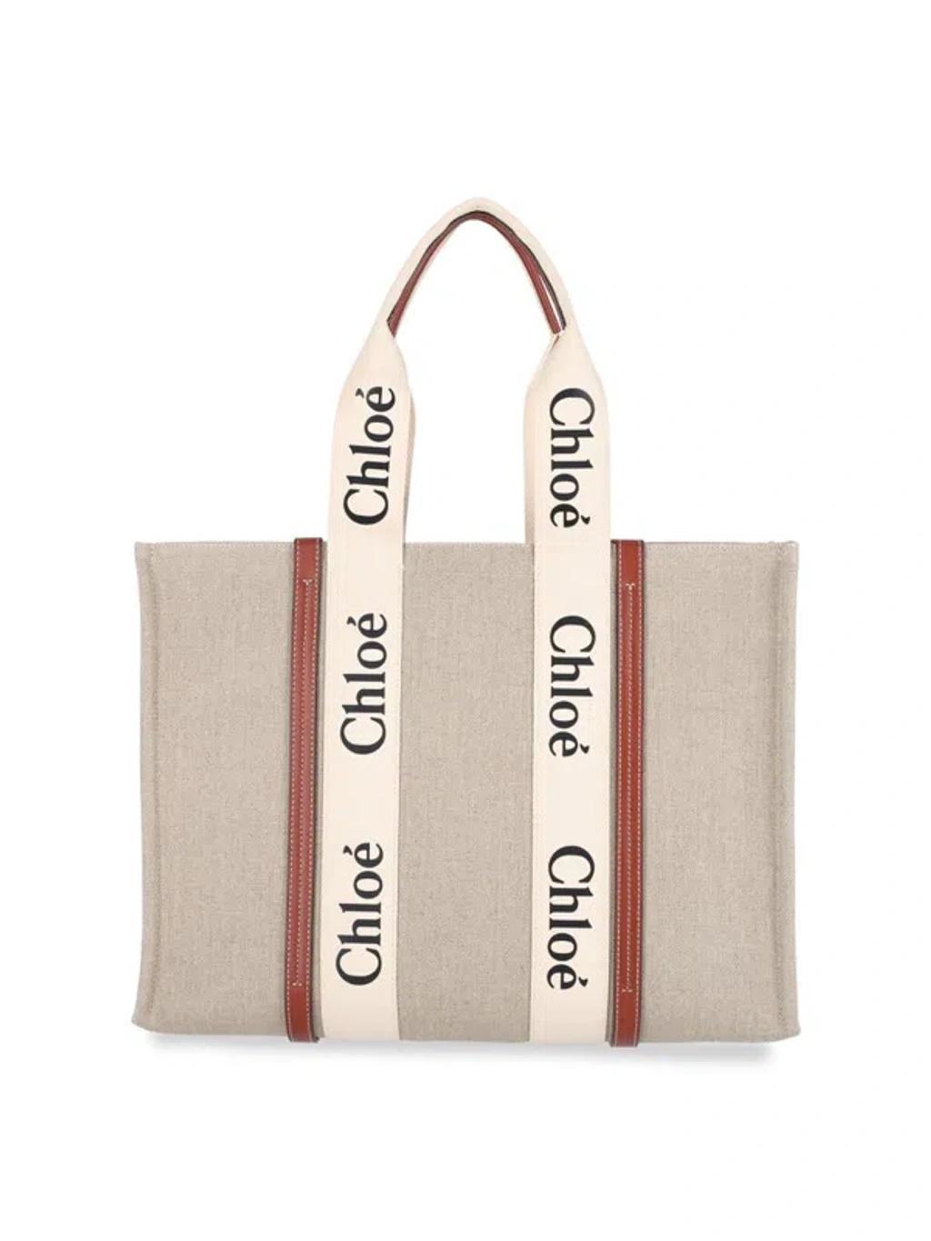 CHLOÉ Large Woody Cotton Tote Bag In Beige Product Image