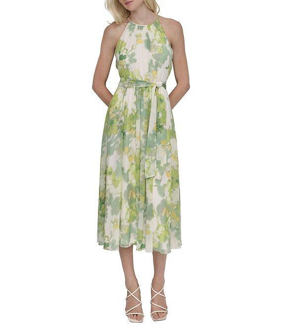 DKNY by Donna Karan Chiffon Floral Print Halter Neck Sleeveless Waist Tie Blouson Midi Dress Product Image