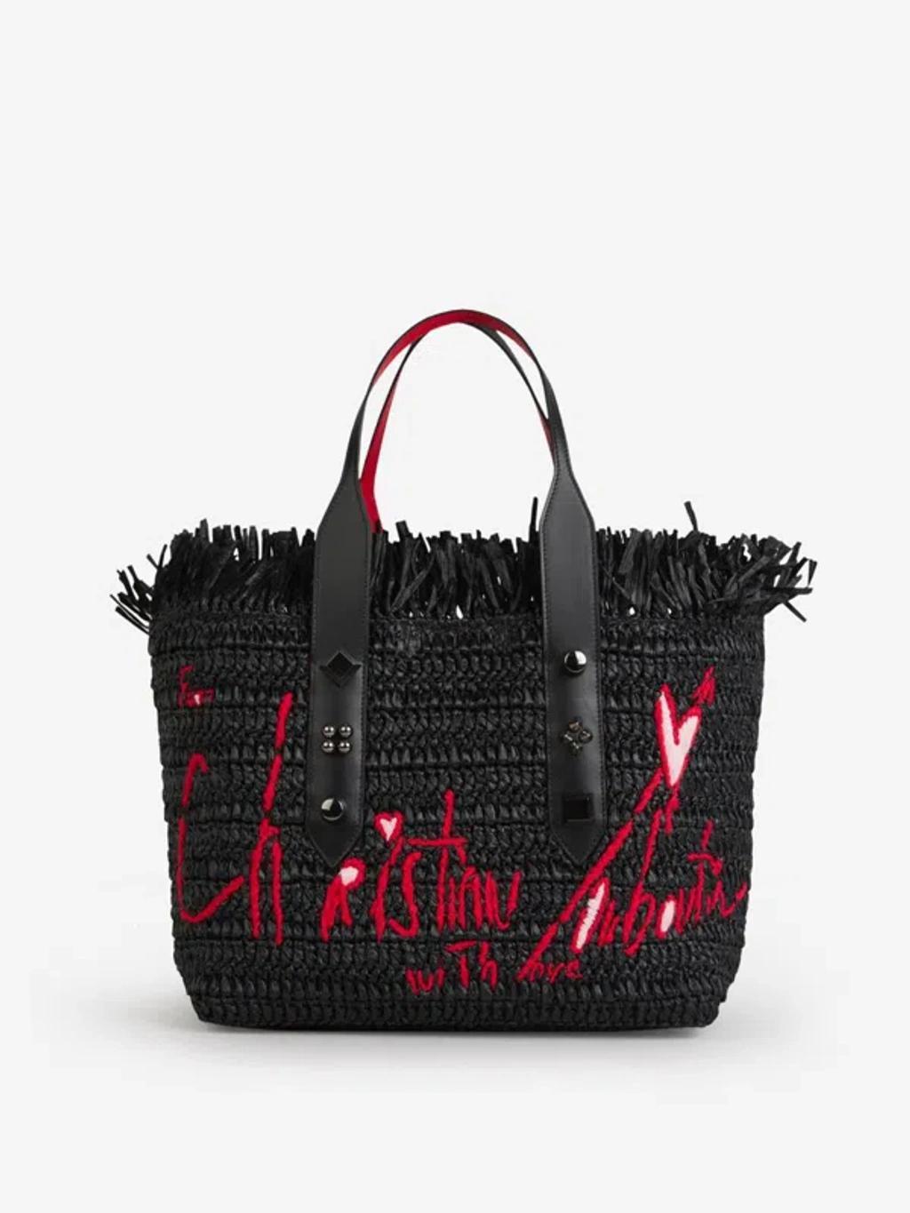 CHRISTIAN LOUBOUTIN Medium Frangibus Raffia Tote Bag In Black Product Image