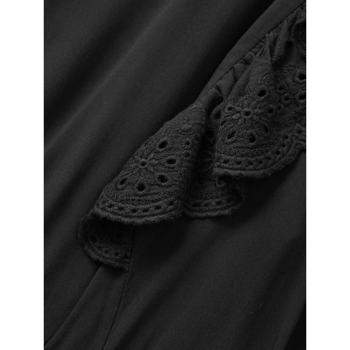 Plus Size Solid Laser Cut Flutter Trim Bell Sleeve Dress Black Women Elegant Non Notched collar Elbow-length sleeve Curvy Knee Dress BloomChic 28/5X Product Image