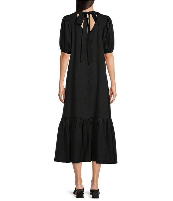 Gibson & Latimer Crepe Waffle Knit V-Neck Tie Back Detail Puffed Short Sleeve Tiered A-Line Flounce Midi Dres Product Image
