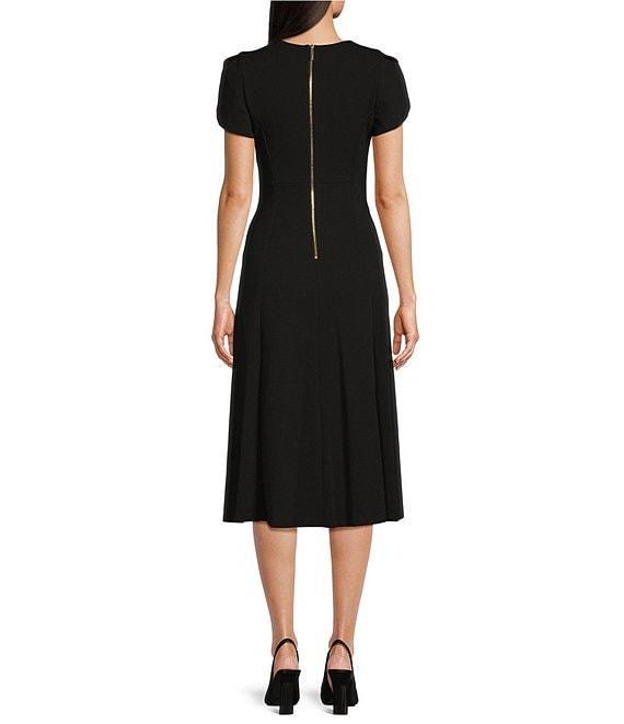 Calvin Klein Scuba Crepe Short Tulip Sleeve V-Neck A-Line Midi Dress Product Image