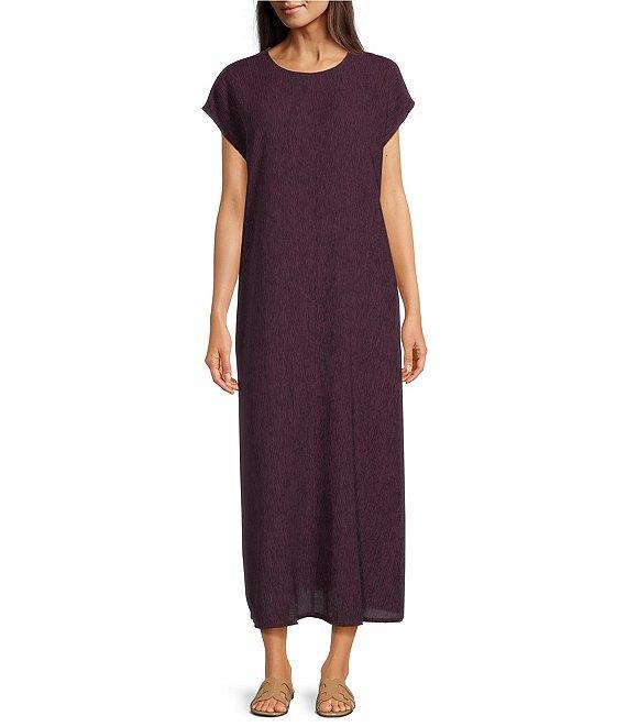 Eileen Fisher Crinkle Plisse Round Neck Cap Sleeve Midi Dress Product Image