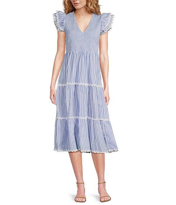 SAIL to SABLE Woven Stripe Print V-Neck Flutter Sleeve Tiered Dress Product Image