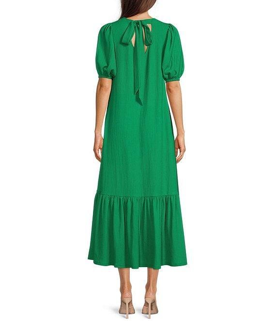 Gibson & Latimer Crepe Waffle Knit V-Neck Tie Back Detail Puffed Short Sleeve Tiered A-Line Flounce Midi Dres Product Image