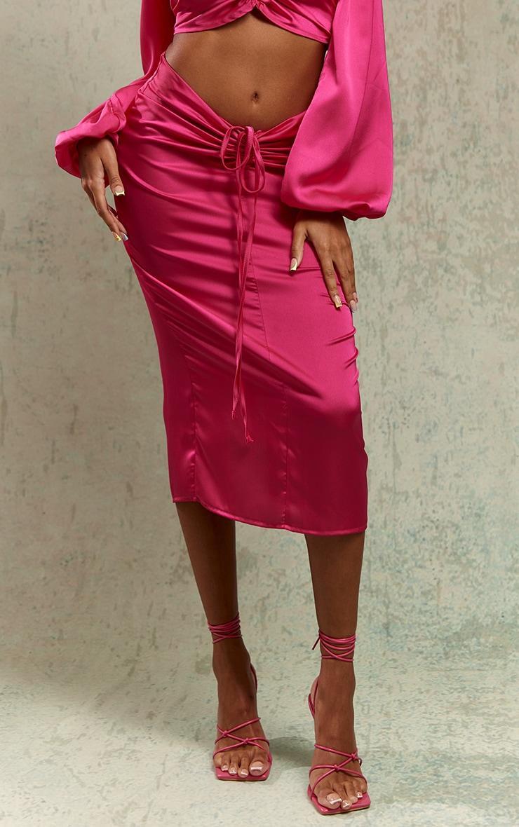 Bright Pink Satin Ruched V Front Detail Midaxi Skirt Product Image