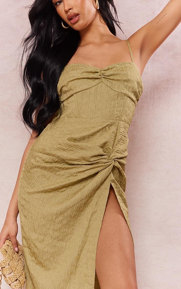 Olive Textured Ruched Bust Knot Drape Detail Midaxi Dress Product Image