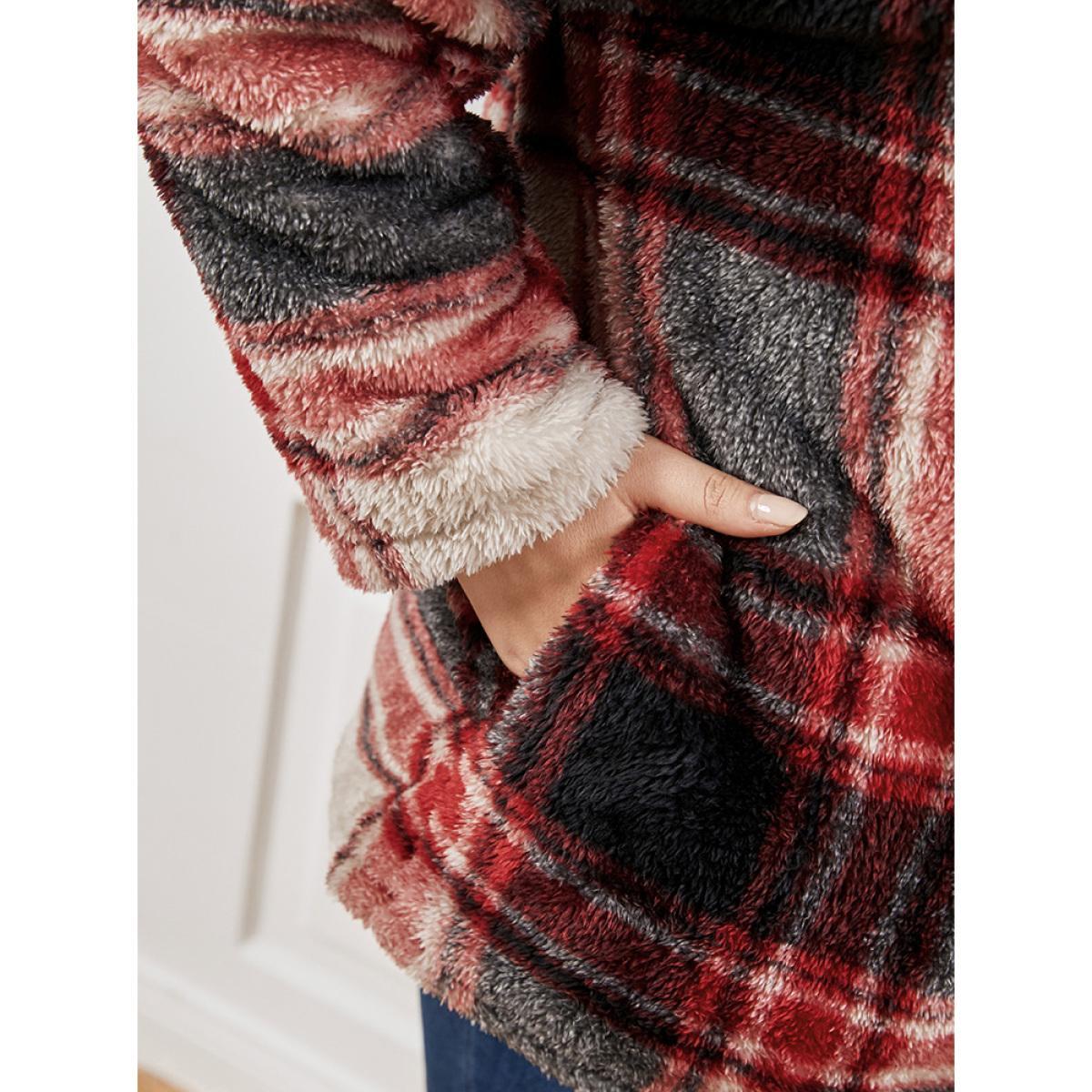 Plus Size Plaid Button Up Pocket Fuzzy Coat Women Red Casual Button Ladies Dailywear Winter Coats BloomChic 26/4X Product Image