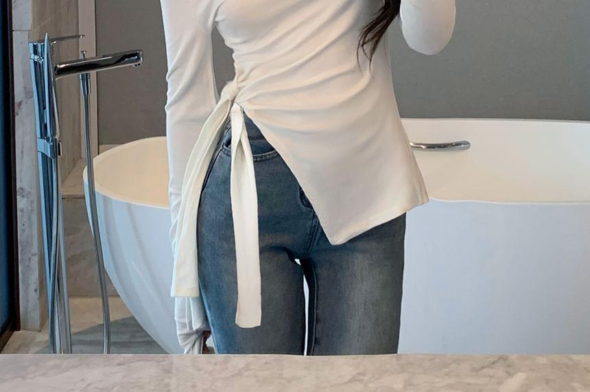 Long Sleeve One Shoulder Plain Tie-Up Slit Top Product Image