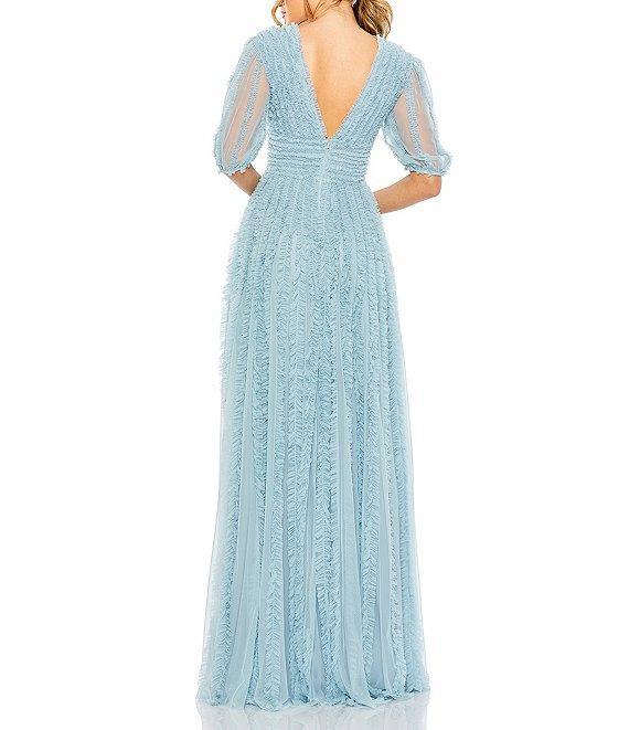 Mac Duggal V-Neck 3/4 Sleeve Embellished Tiered Ruffled A-Line Gown Product Image