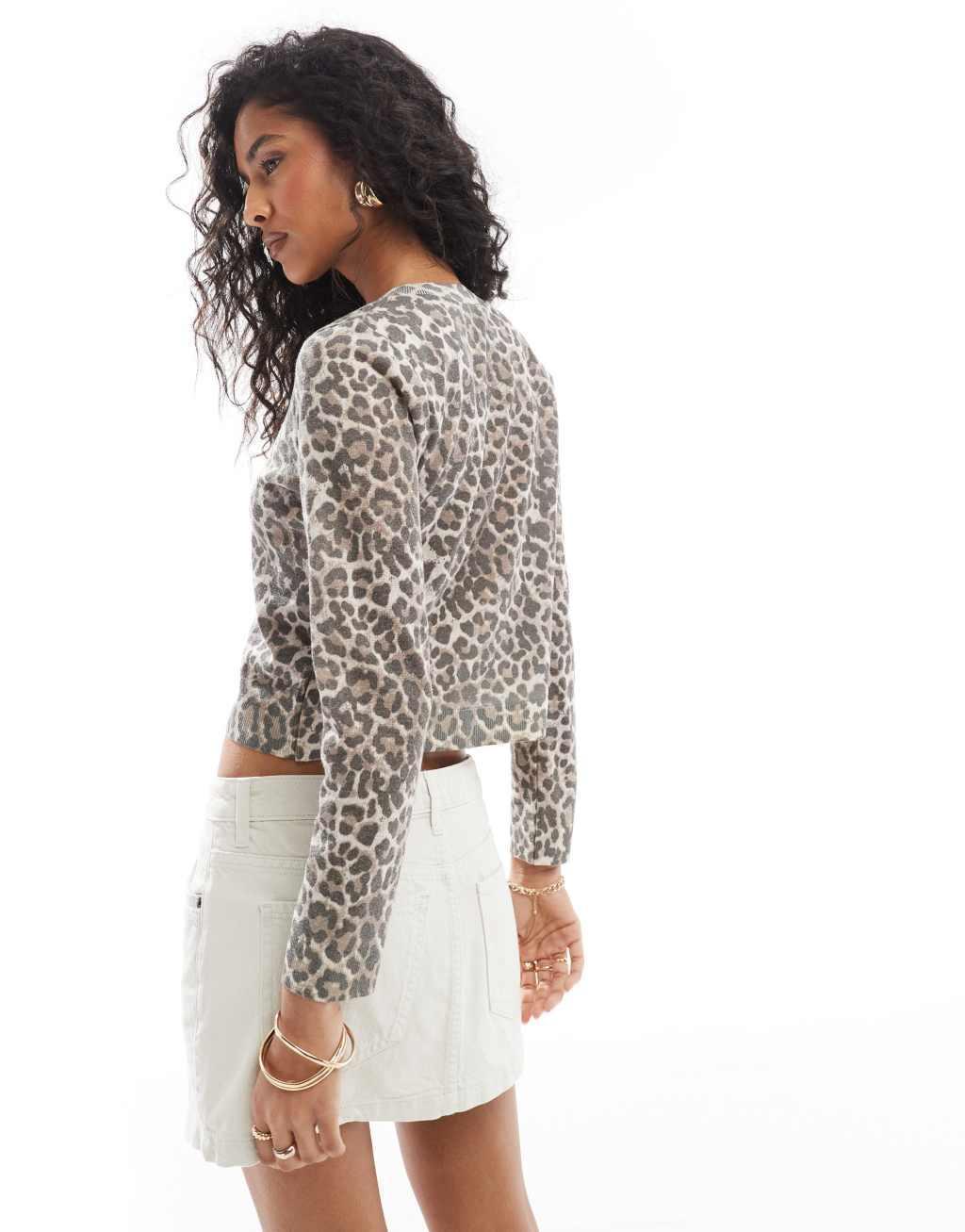 Mango leopard print cardigan in brown Product Image