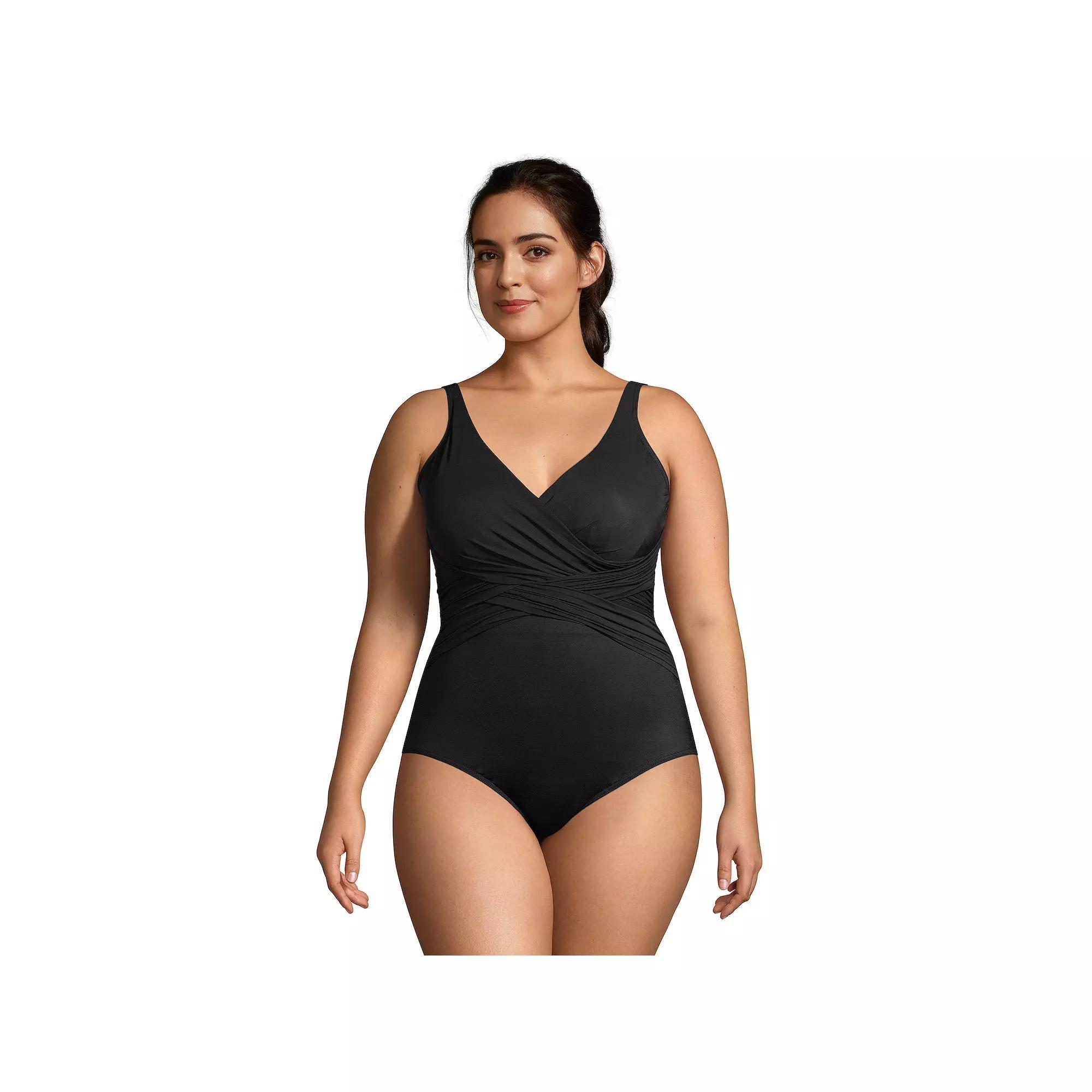Plus Size Lands' End SlenderSuit Tummy Control Surplice One-Piece Swimsuit, Women's, Size: 20 W, Black Product Image
