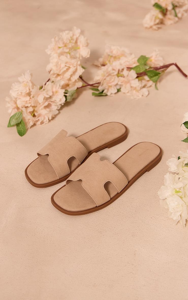 Sand Faux Suede Square Toe Slider Sandals Product Image