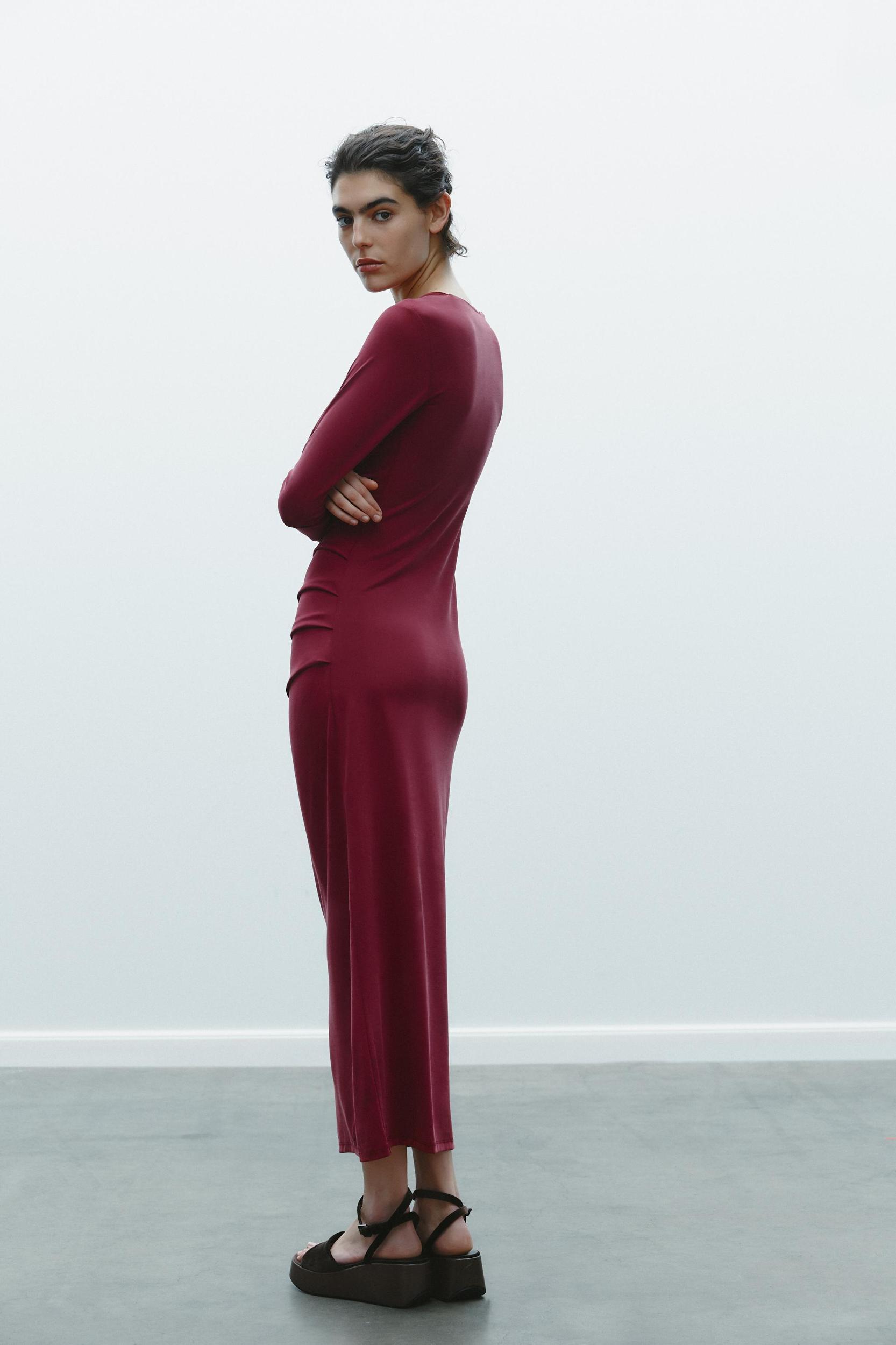 DRAPED NECKLINE MIDI DRESS Product Image