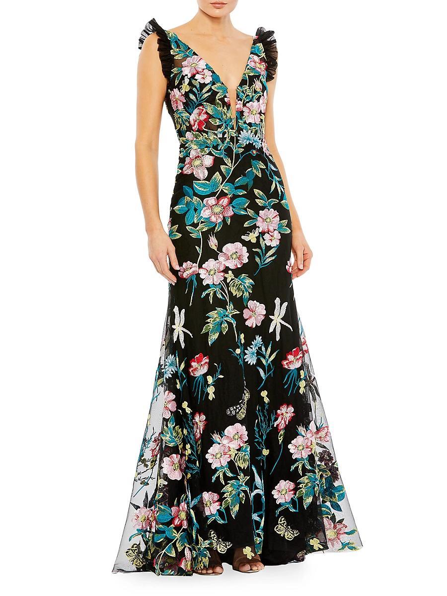 Womens Embroidered Floral Trumpet Gown Product Image