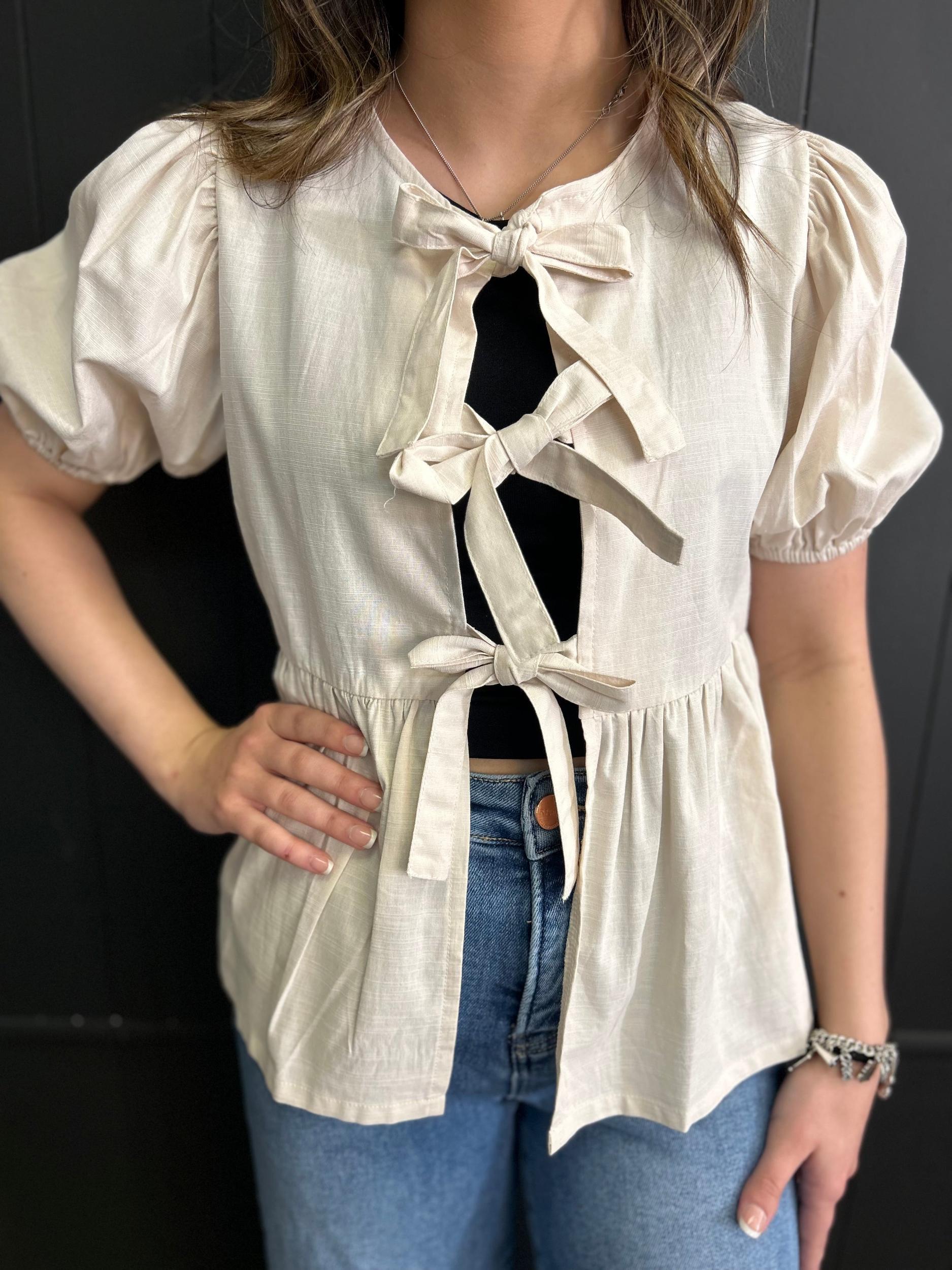 Short Sleeve Woven Front Bow Tie Top - 5 Colors* Product Image