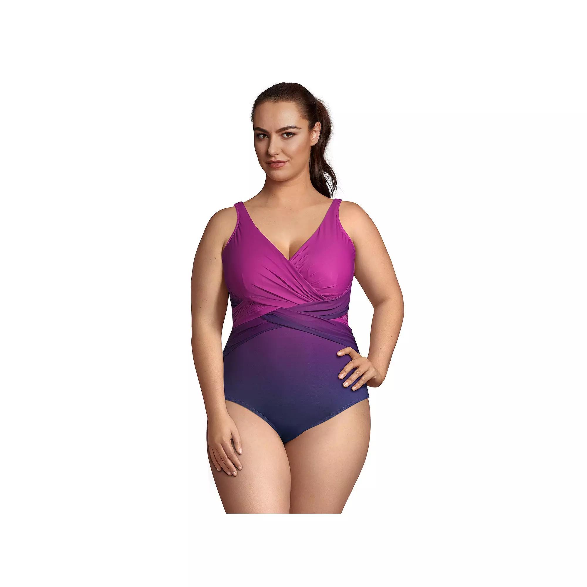 Plus Size Lands' End SlenderSuit Tummy Control Surplice One-Piece Swimsuit, Women's, Size: 20 W LONG, Purple Navy Ombre Product Image