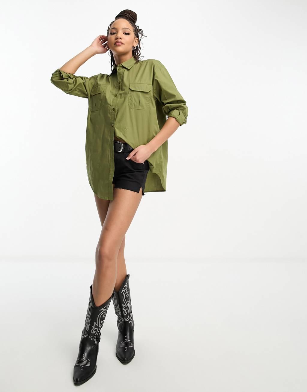 Miss Selfridge poplin utility oversized shirt in khaki  Product Image