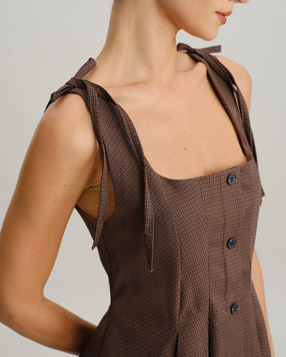 Brown Plaid A-Line Tie Strap Mini Dress Product Image