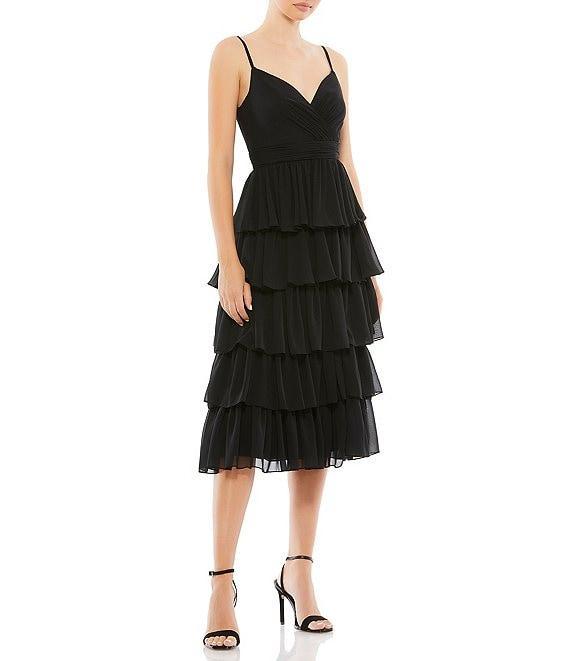 Mac Duggal Sheer Chiffon V-Neck Sleeveless Ruffle Layer Tiered Hem A-Line Midi Dress Product Image