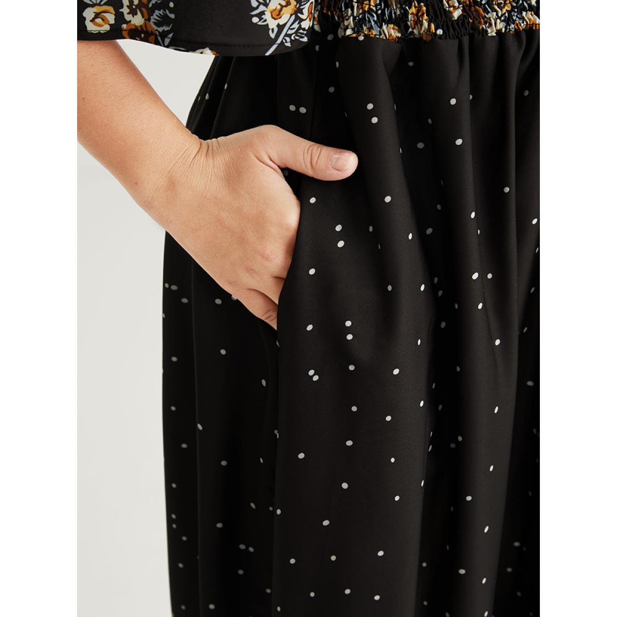 Plus Size Floral Pocket Split Hem Flutter Shirred Maxi Dress Black Women Casual Printed V-neck Half Sleeve Curvy Midi Dress BloomChic 10/M Product Image