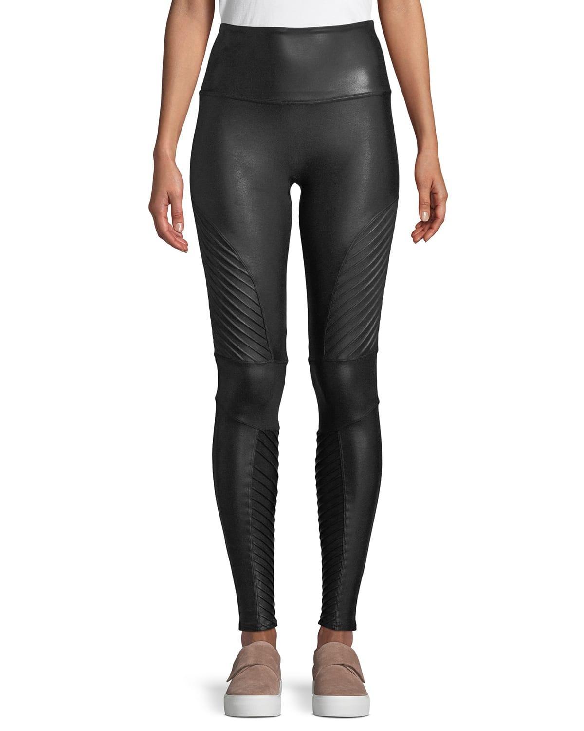 Spanx Petite leather look biker leggings in black Product Image