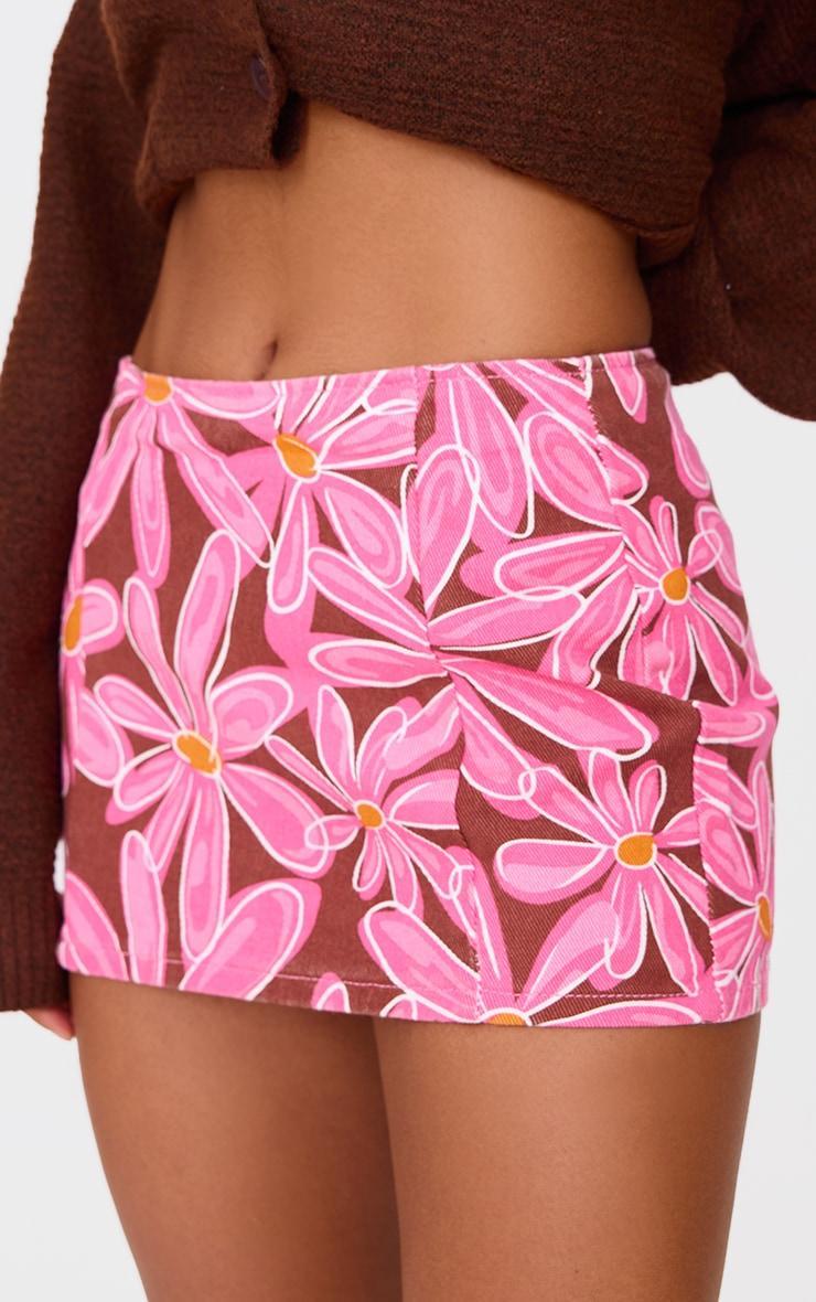 Pink Flower Print Micro Mini Denim Skirt Product Image