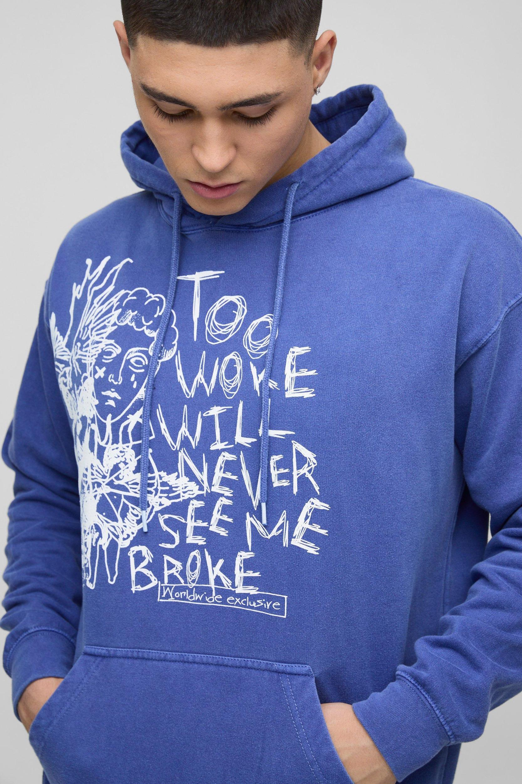 Regular Fit Washed Too Woke Text Graphic Hoodie | boohooMAN USA Product Image