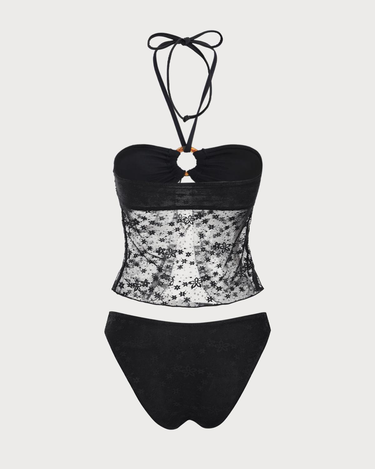 Black Lace Halter Tankini Swimsuit Product Image